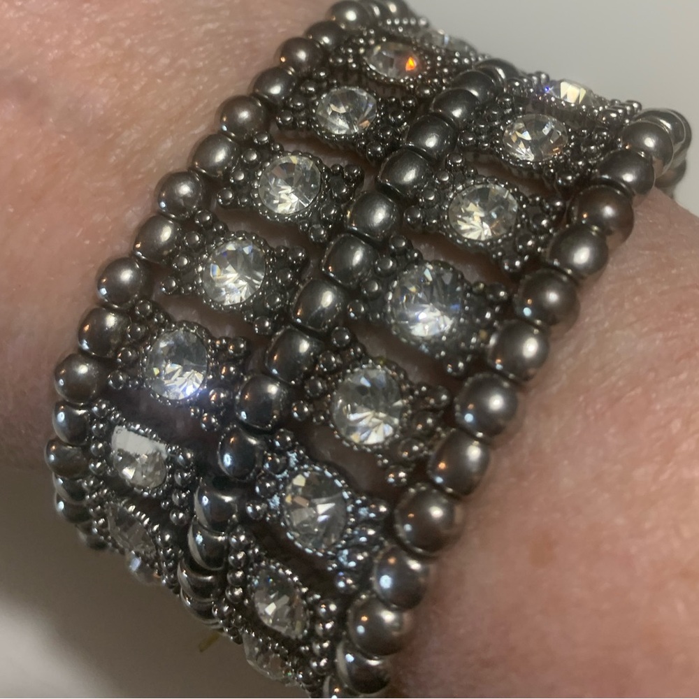 Vintage stretchy bracelet,silver plated with 2 rows of stunning cubic gemstones